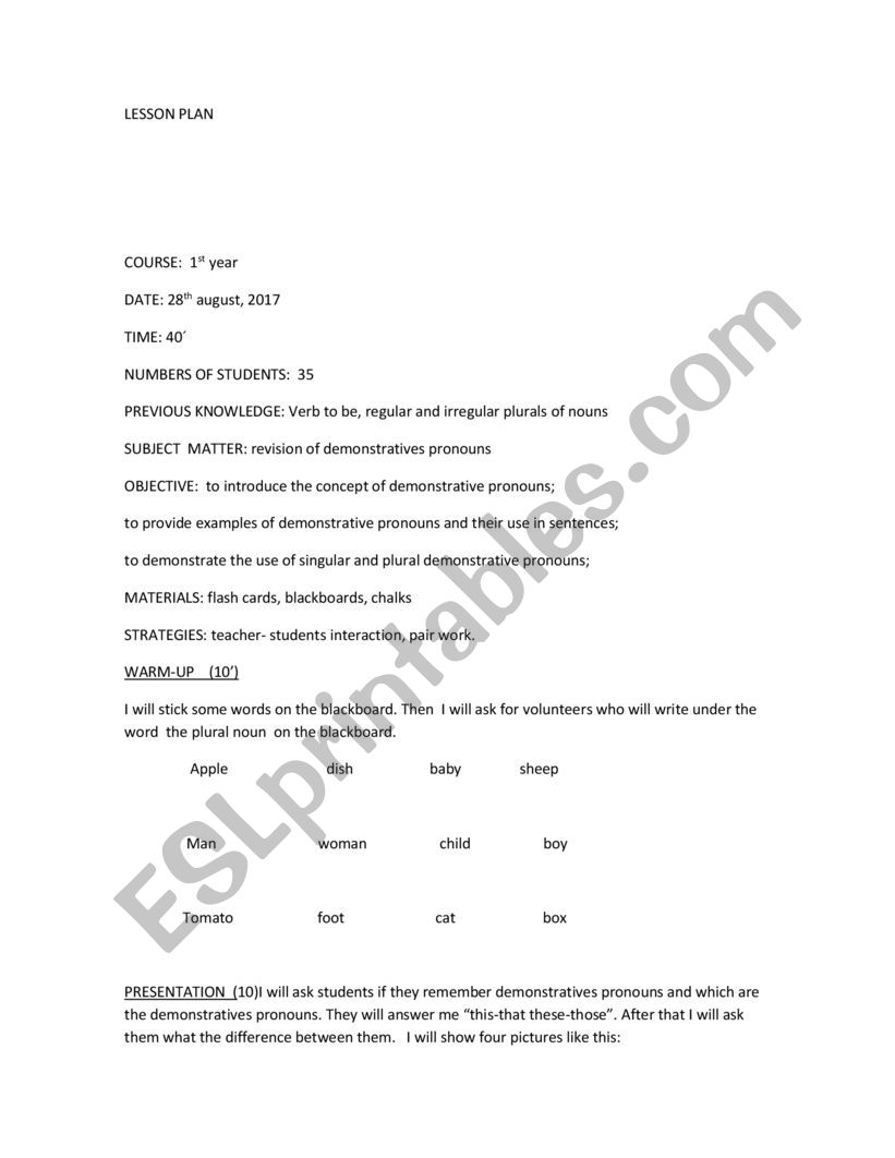 lesson plan demostratives pronouns