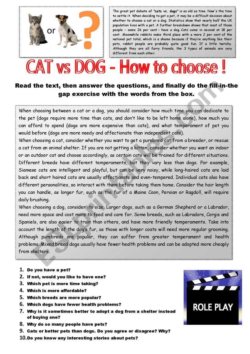 Cats vs Dogs. Part 2 - (Question - Fill in the gaps - Role Play) + KEY