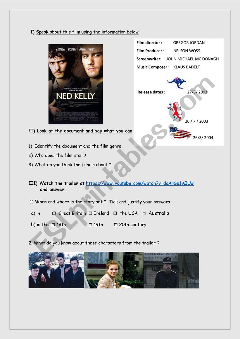 Ned Kelly the 2003 trailer worksheet