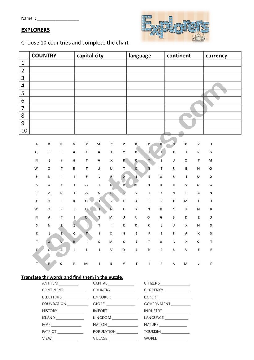 Explorers worksheet