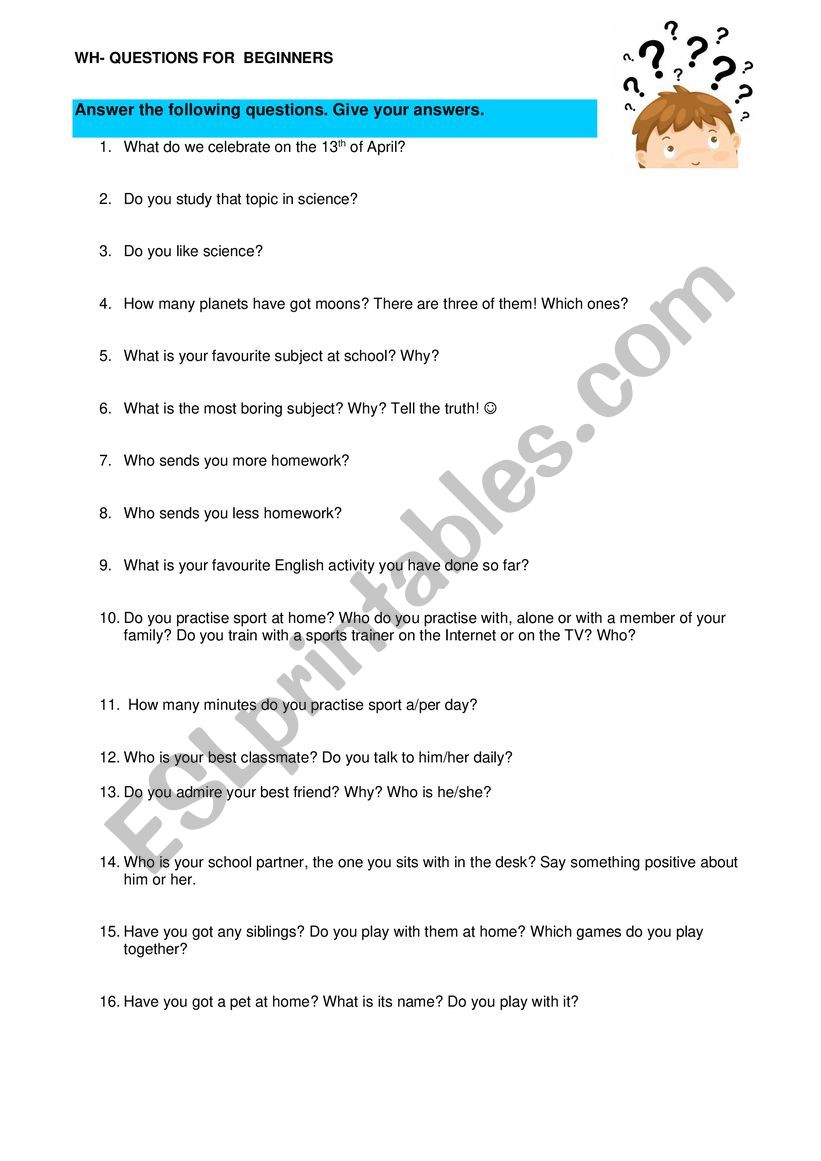 Wh-questions for beginners worksheet