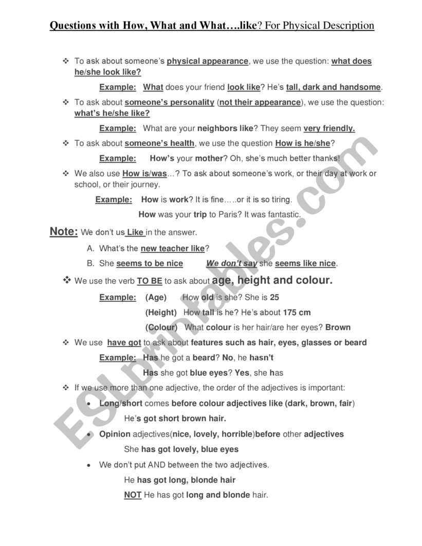 Questions with How, What and What.like-For Physical Description