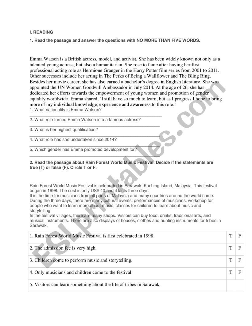 FESTIVALS AROUND THE WORLD worksheet