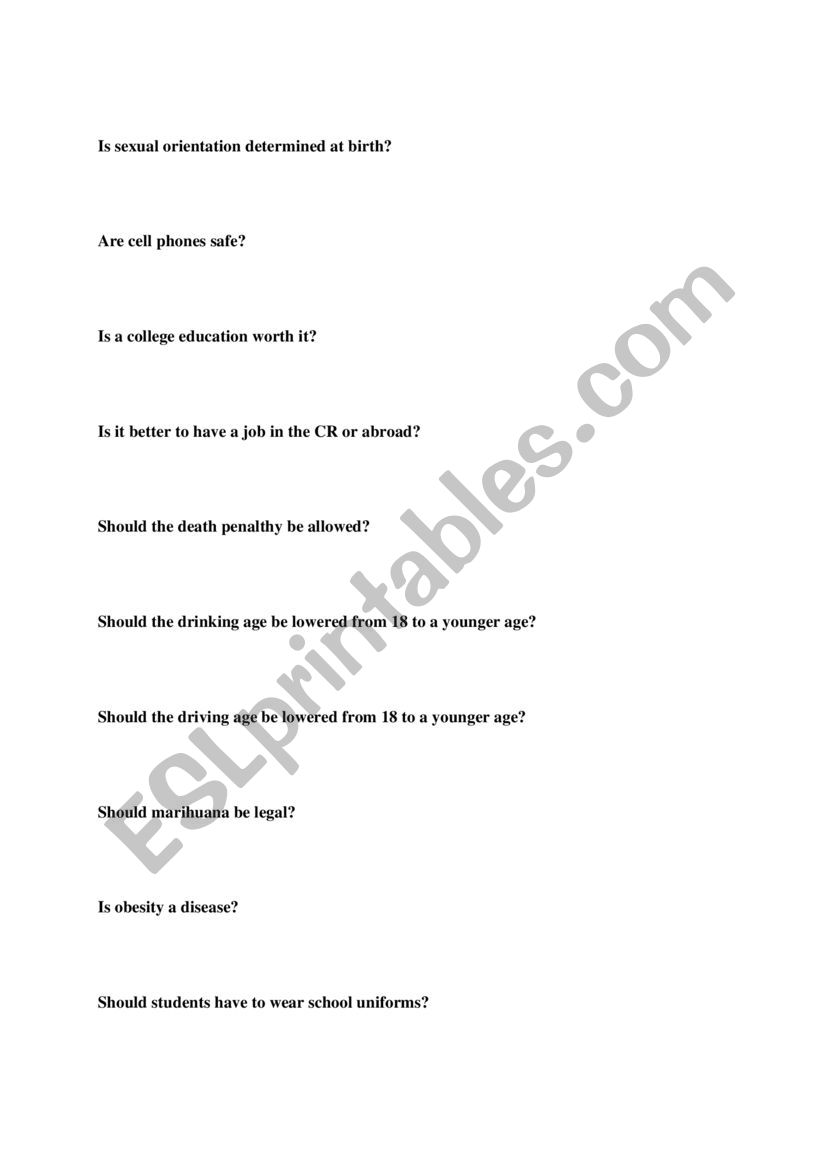 Controversial questions worksheet