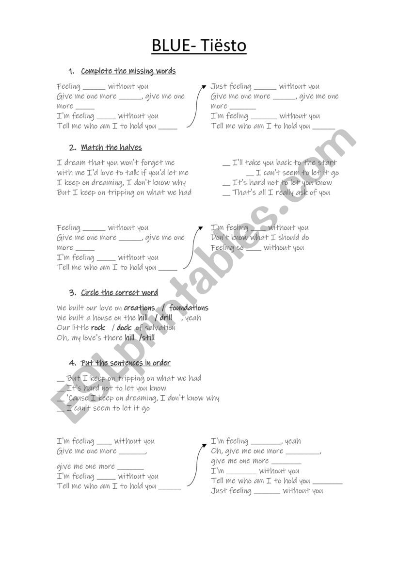 Blue Tiesto worksheet