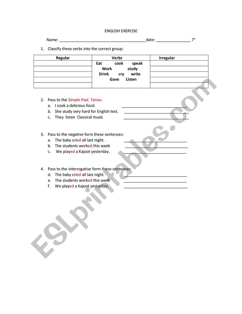  Past SimpleTense worksheet