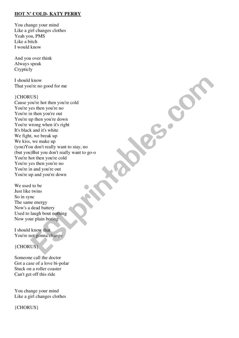 hot n cold by Katy Perry worksheet