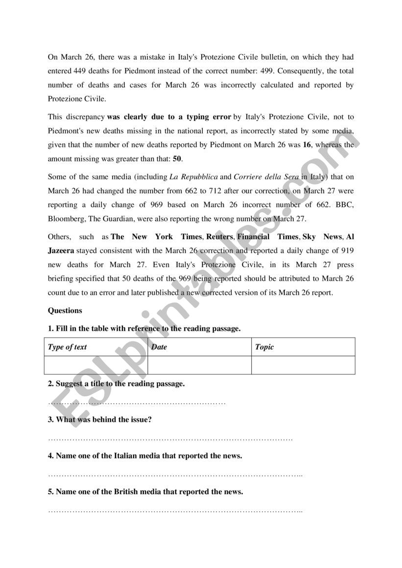 Reading Comprehension  worksheet