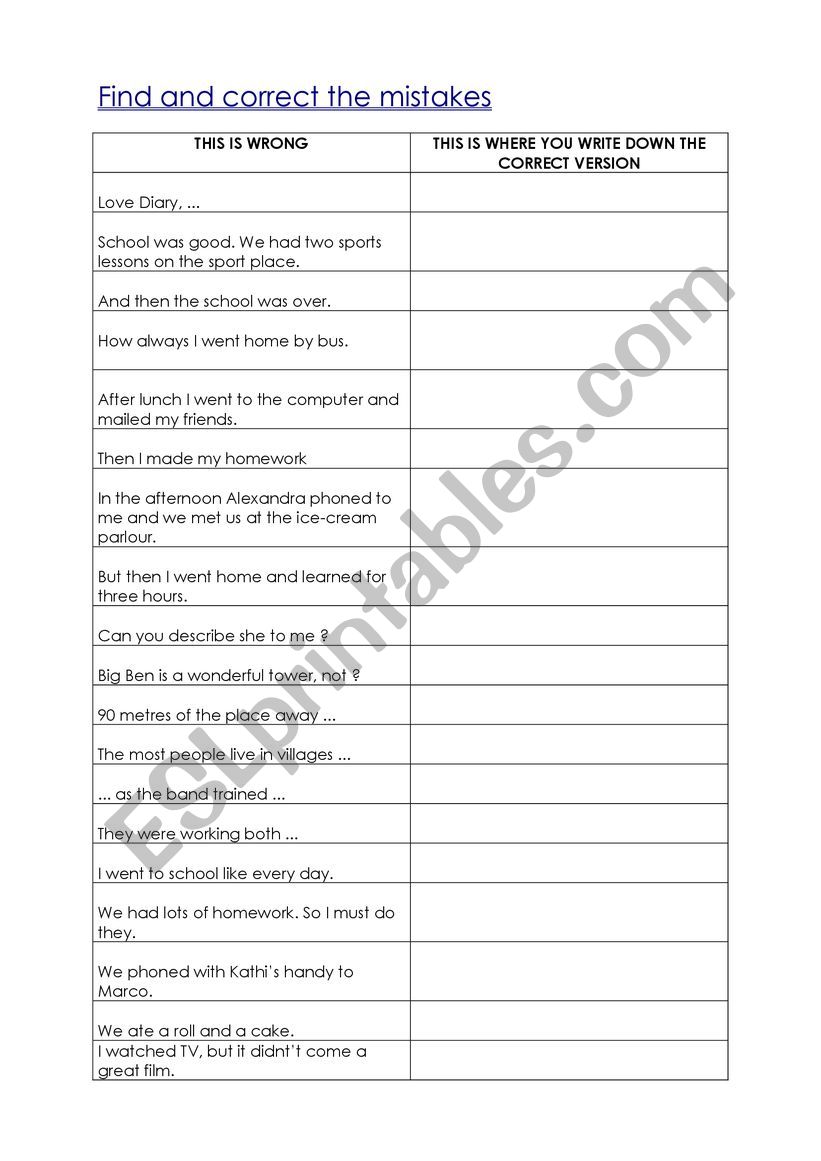 Find the mistake worksheet