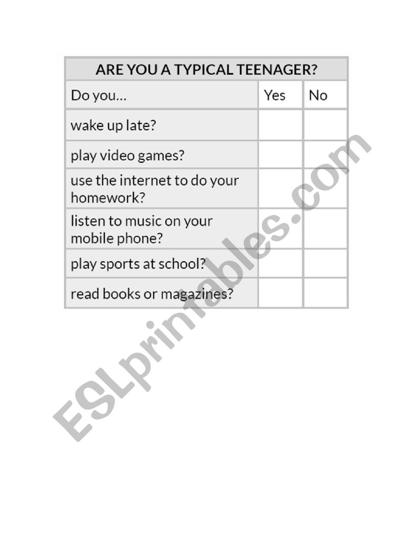 Survey Typical Teenager worksheet