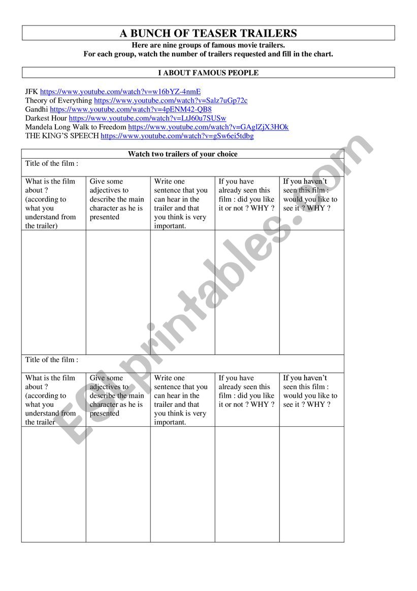 IMPROVE YOUR FILM CULTURE worksheet