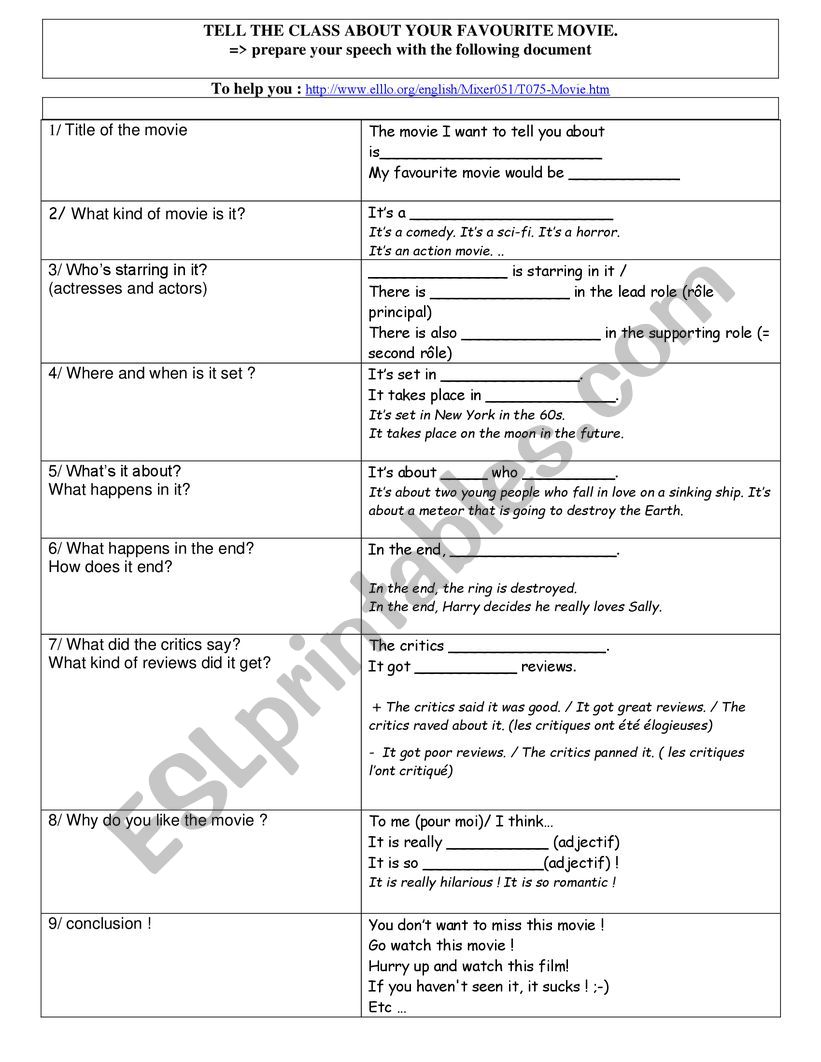 MY FAVOURITE MOVIE worksheet