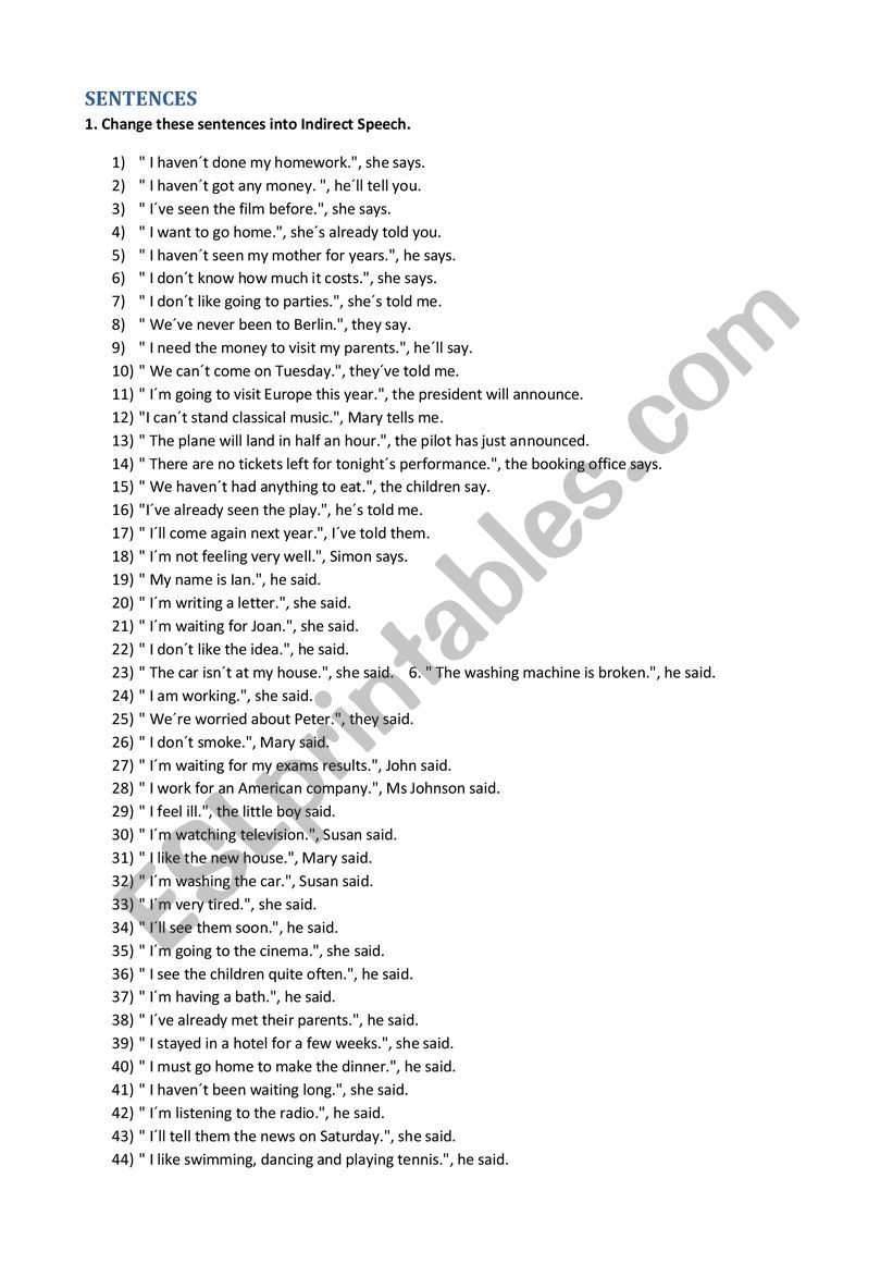 REPORTED SPEECH ACTIVITIES worksheet