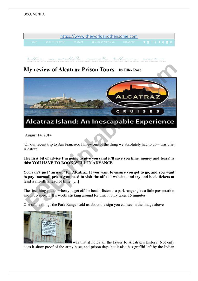 Alcatraz as Disneyland worksheet