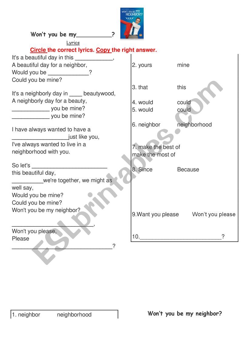 Won�t You Be My Neighbor? Song Lyrics Fill in the Blank