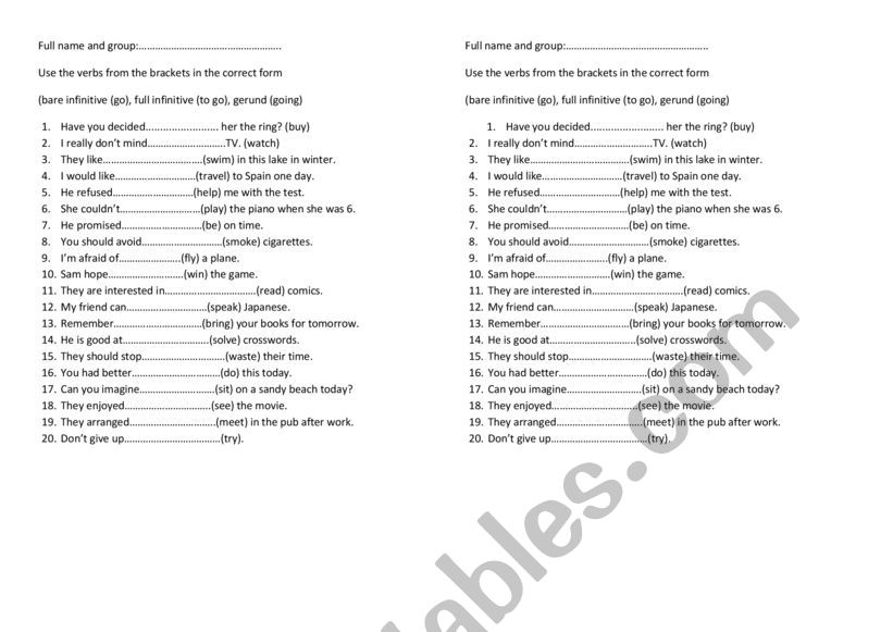 Infinitive forms worksheet