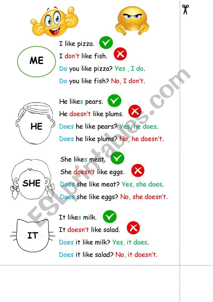 He doesn t english. Don't like или doesn't like. Like don't like likes doesn't like Worksheets for Beginners. Bob......... Используй предложения likes u doesne like