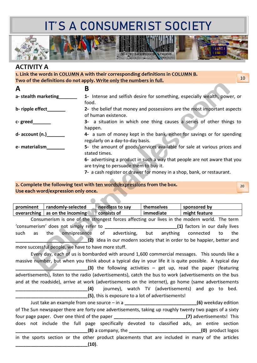 Consumerist Society worksheet