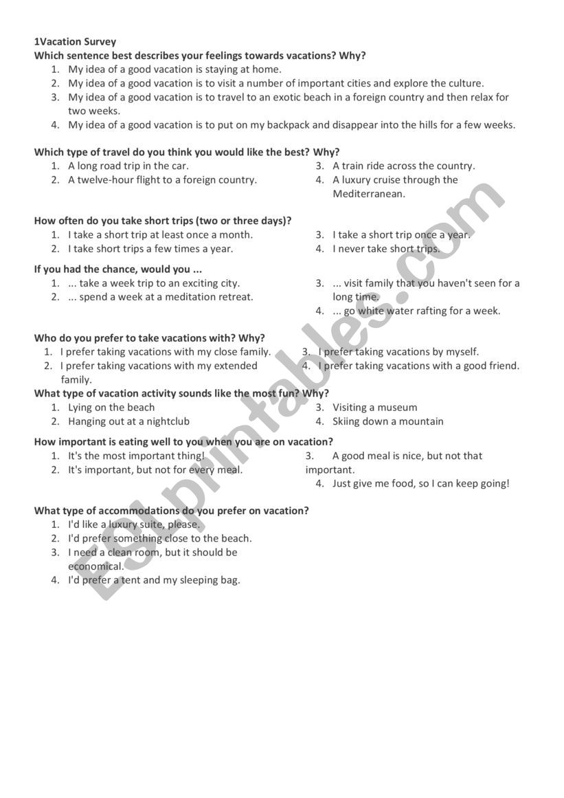 vacation survey worksheet