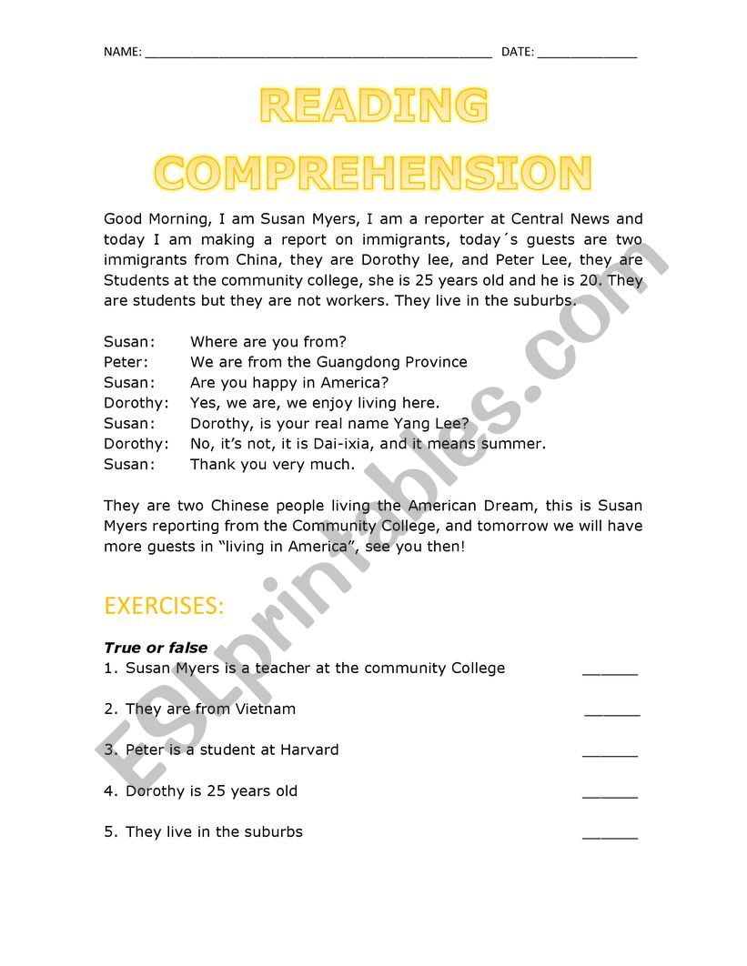 Reading comprehension worksheet