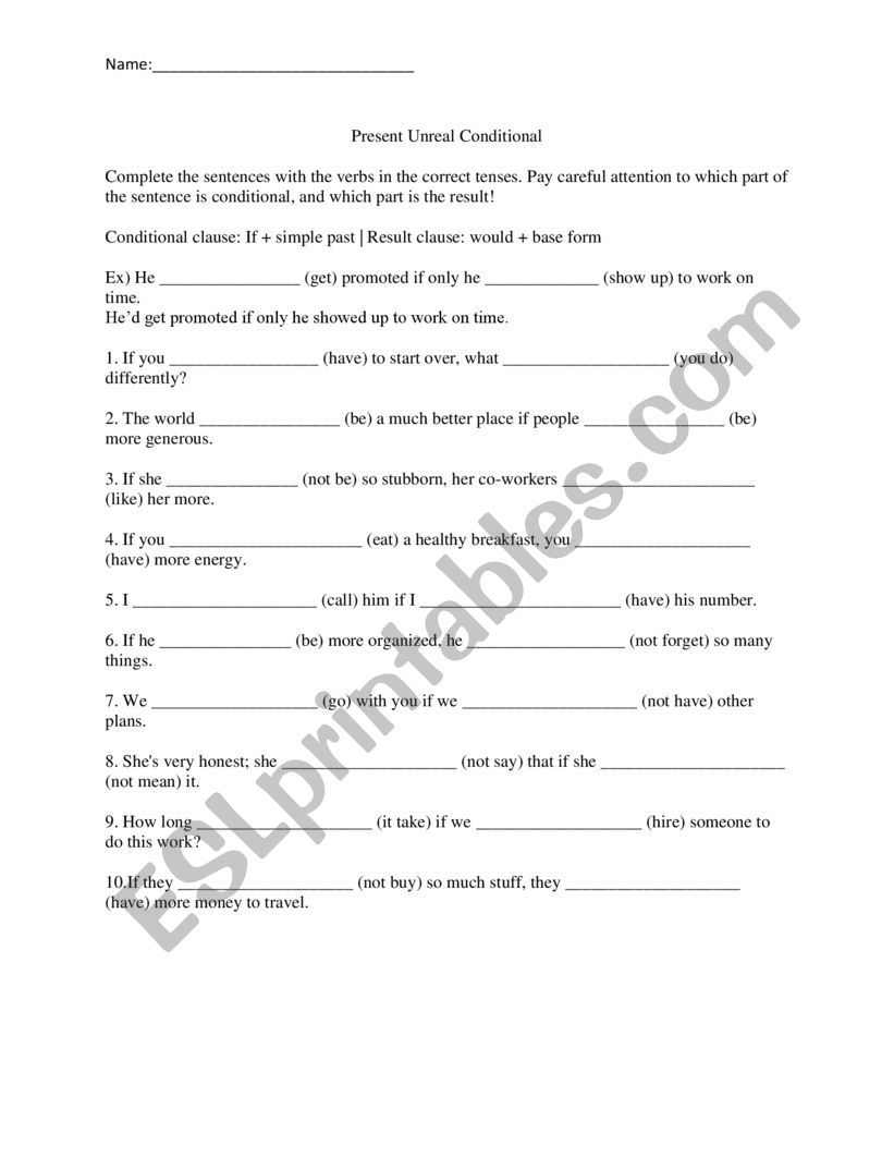 Present Unreal Conditional worksheet