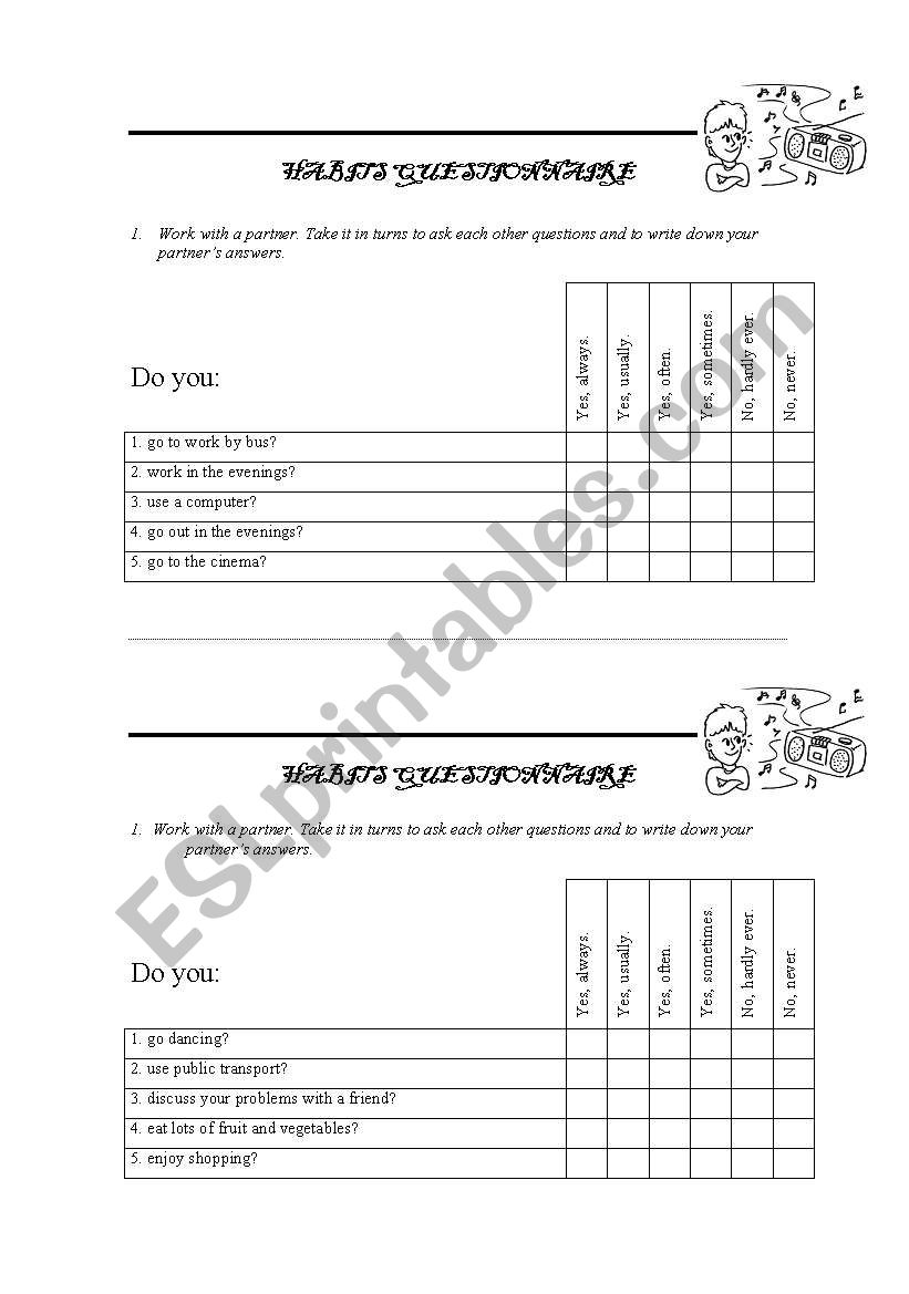 Habits Questionnaire worksheet