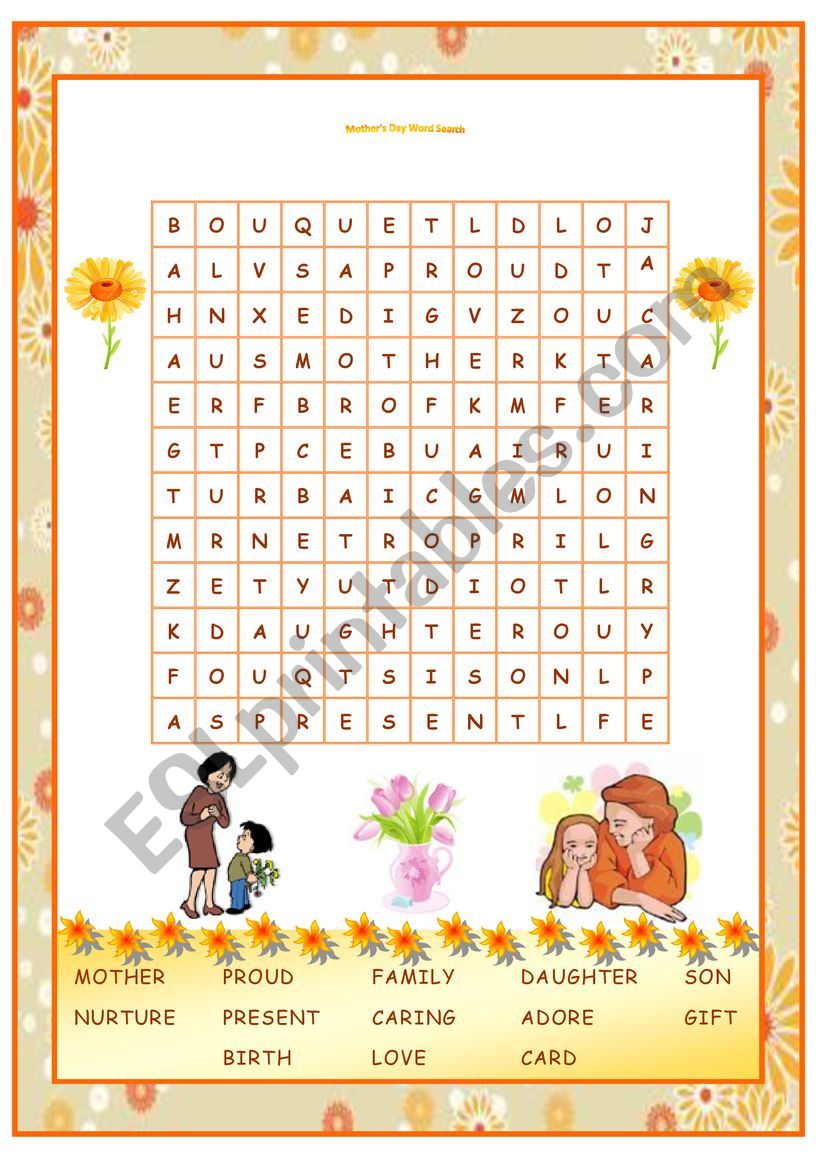 Mother�s day word search worksheet