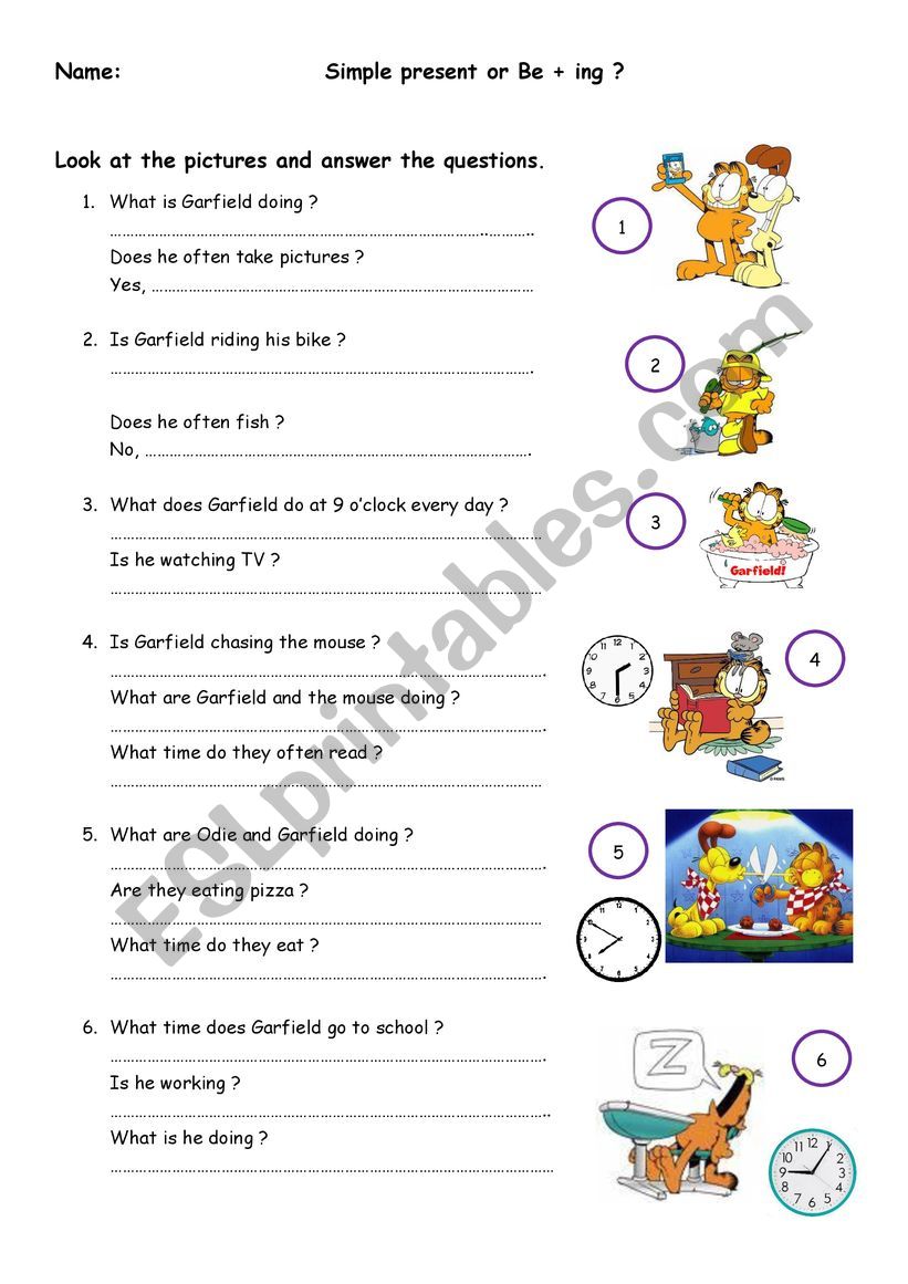 Garfield and present tenses worksheet