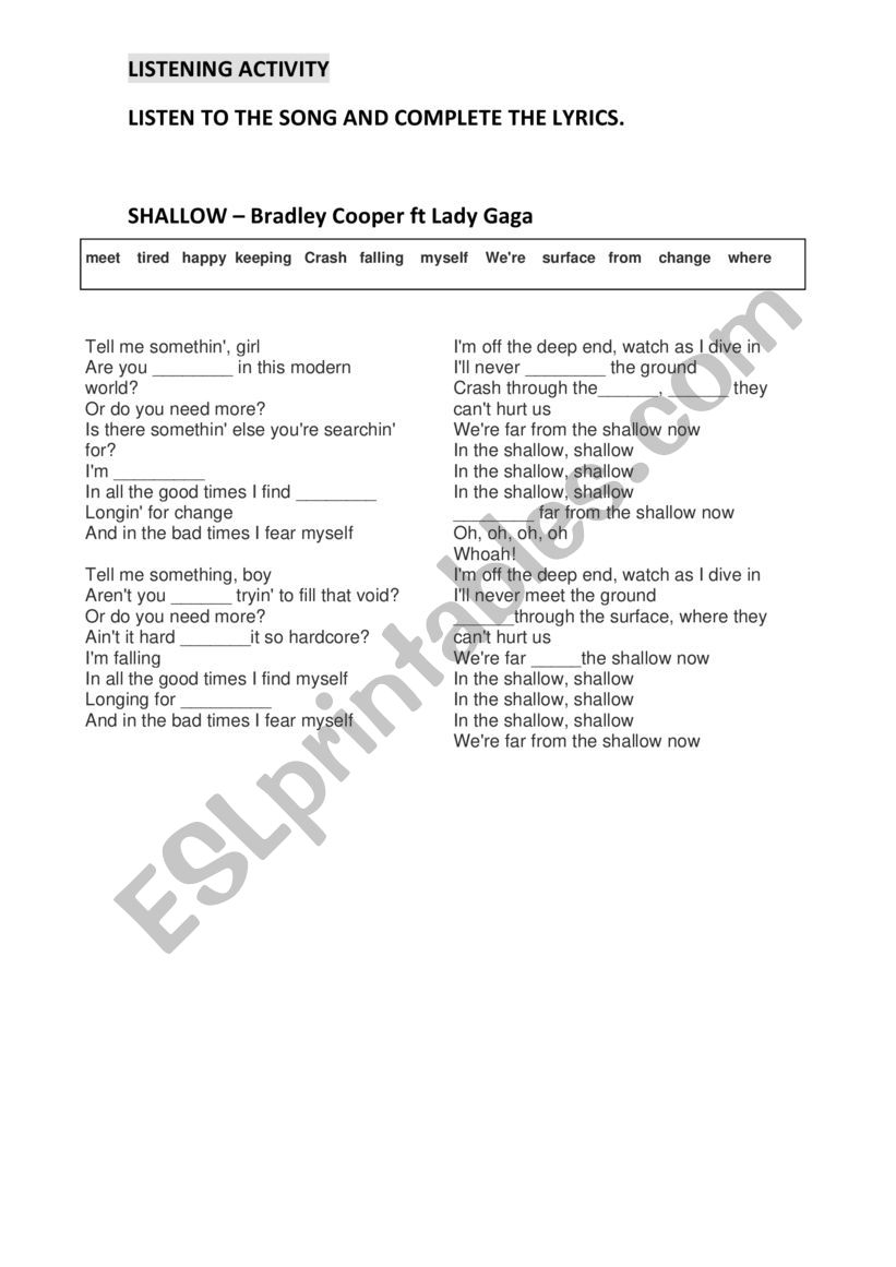 LISTENING ACTIVITY - SHALLOW worksheet