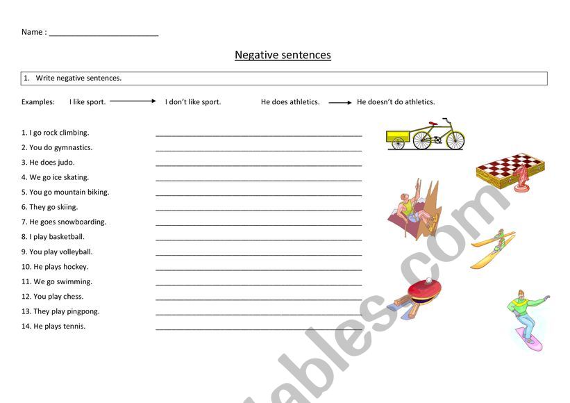 Negative sentences worksheet