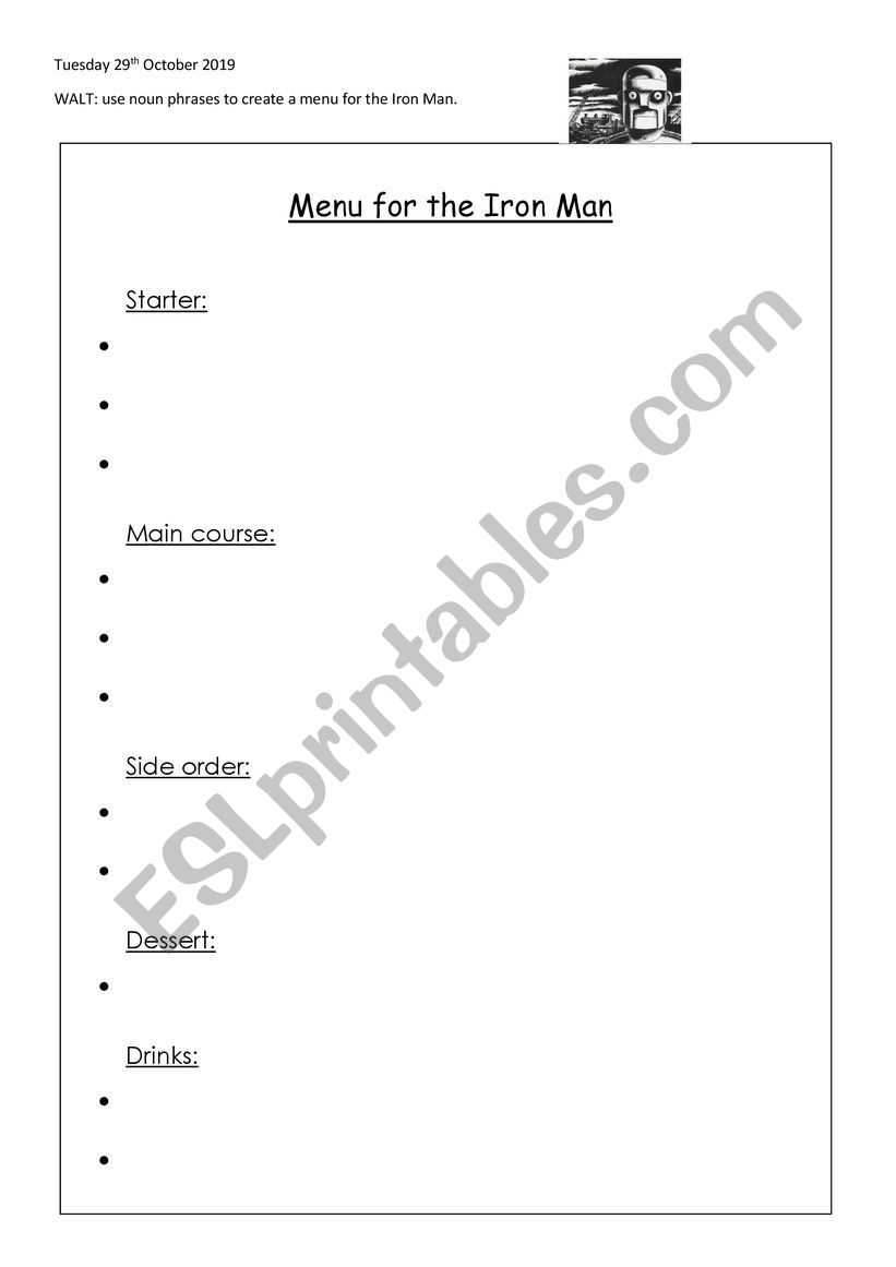 English - Iron Man menu worksheet