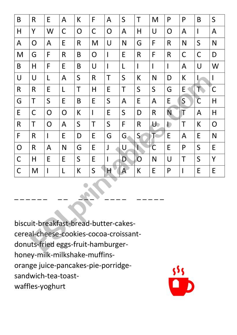 WORDSEARCH: BREAKFAST worksheet