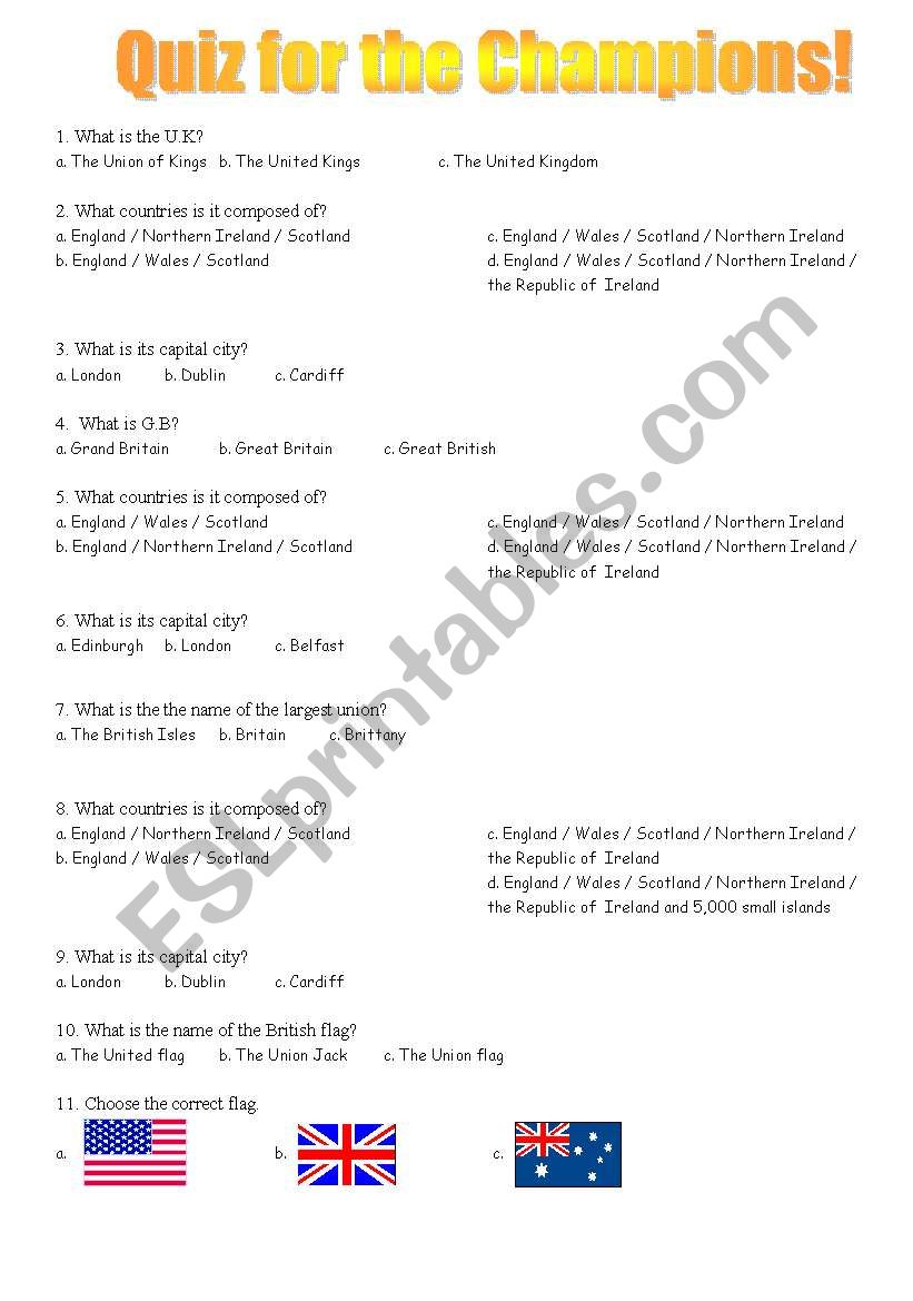 quiz on the U.K worksheet