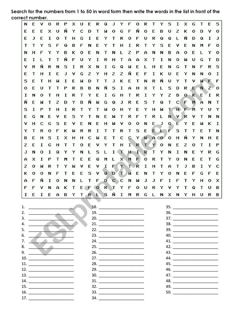 NUMBERS 1 TO 50 WORKSHEET worksheet