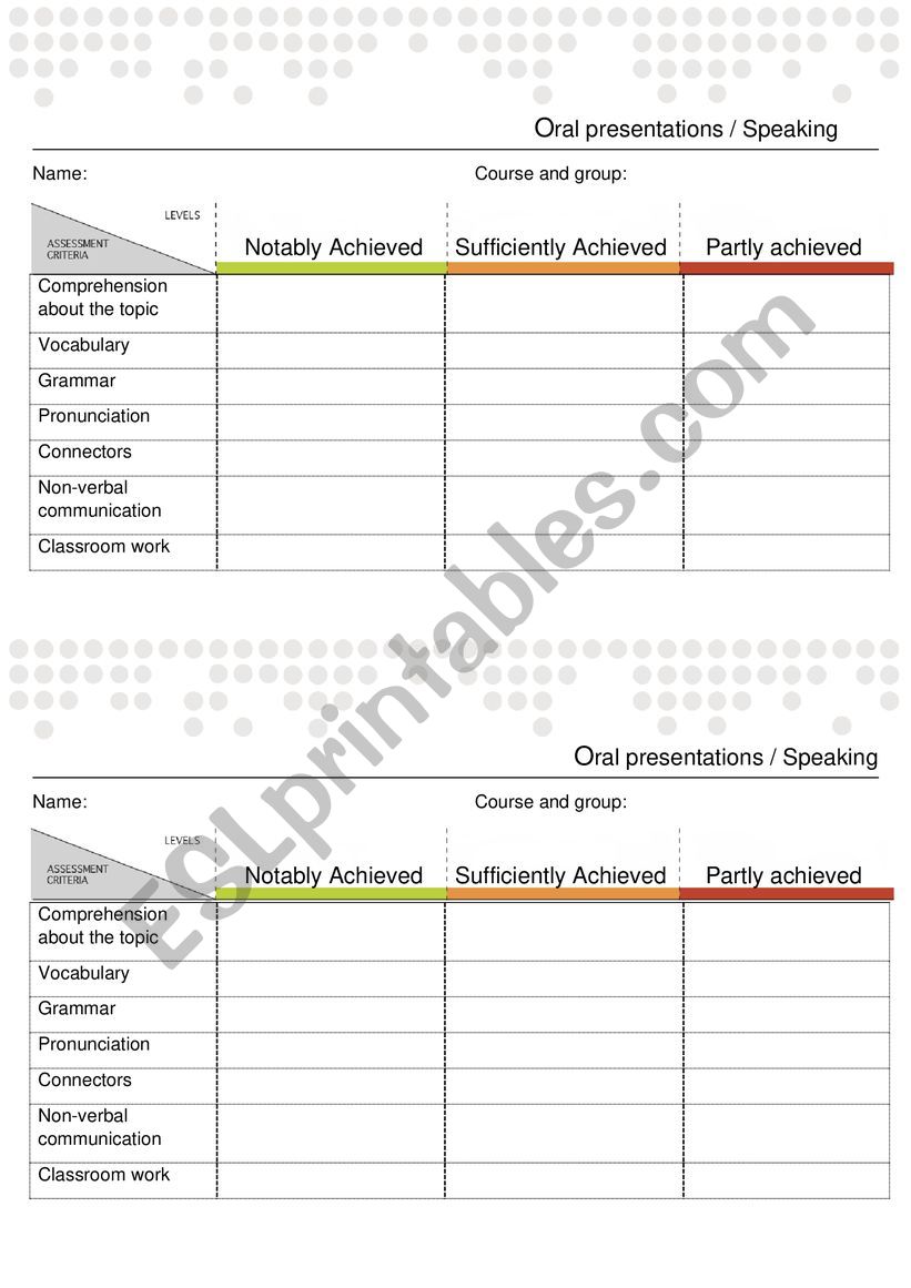 oral presentation rubric  worksheet