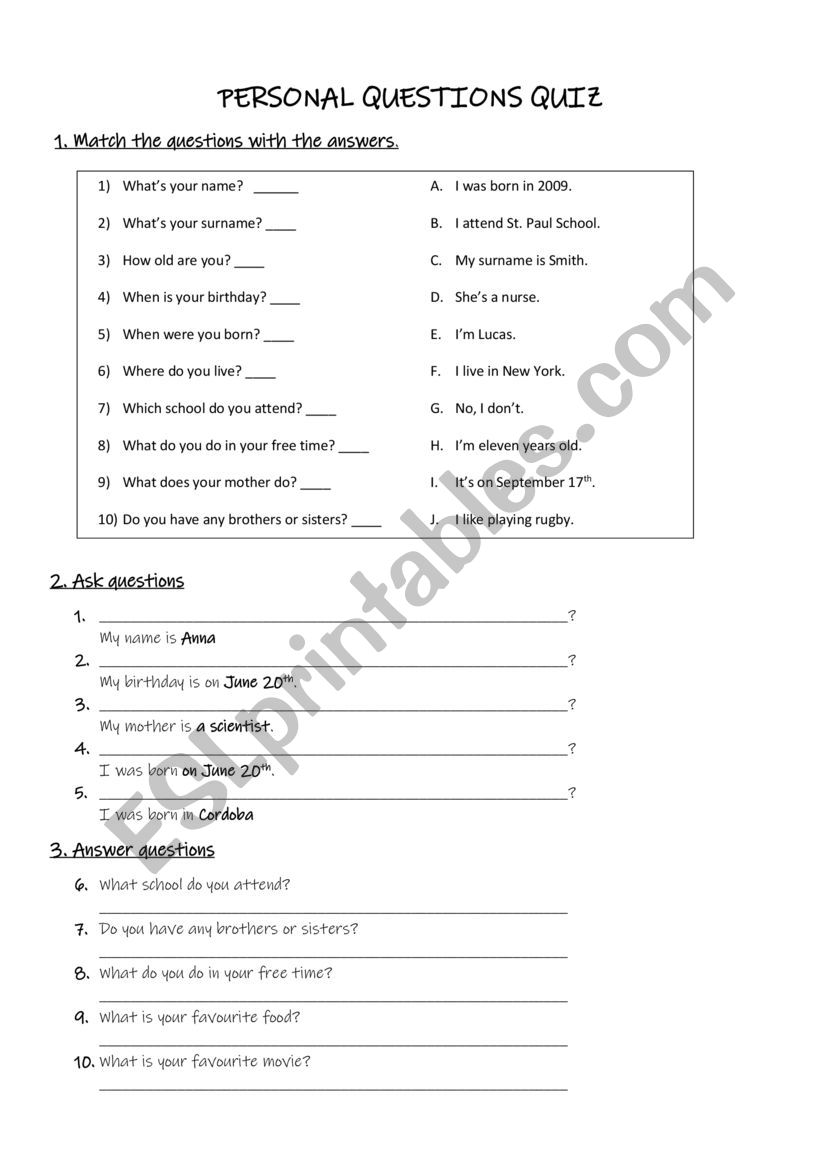 PERSONAL QUESTIONS QUIZ worksheet