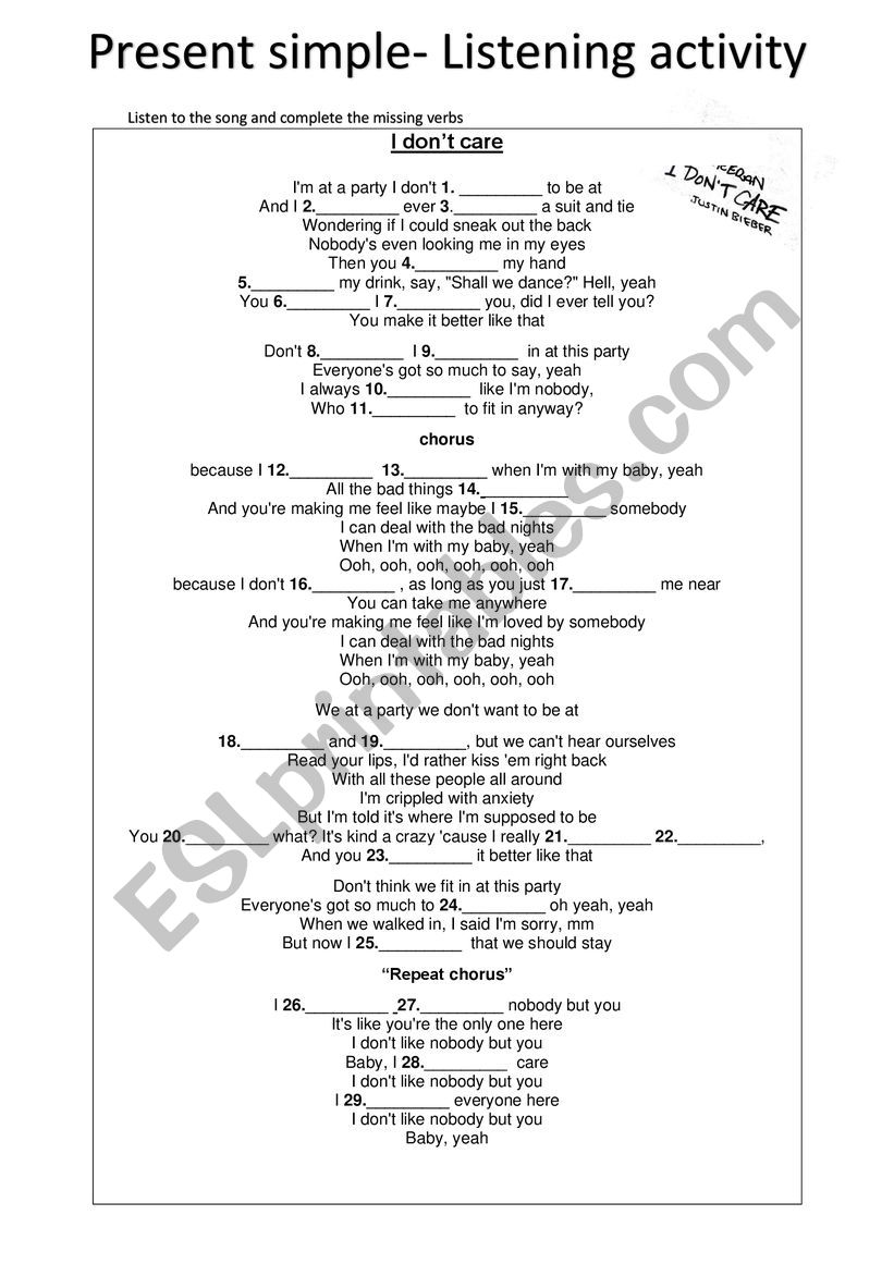 present simple song activity worksheet