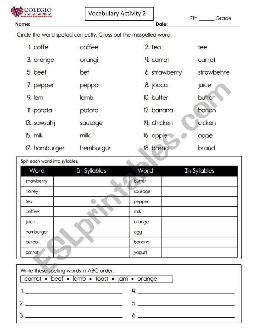 Vocabulary about food worksheet