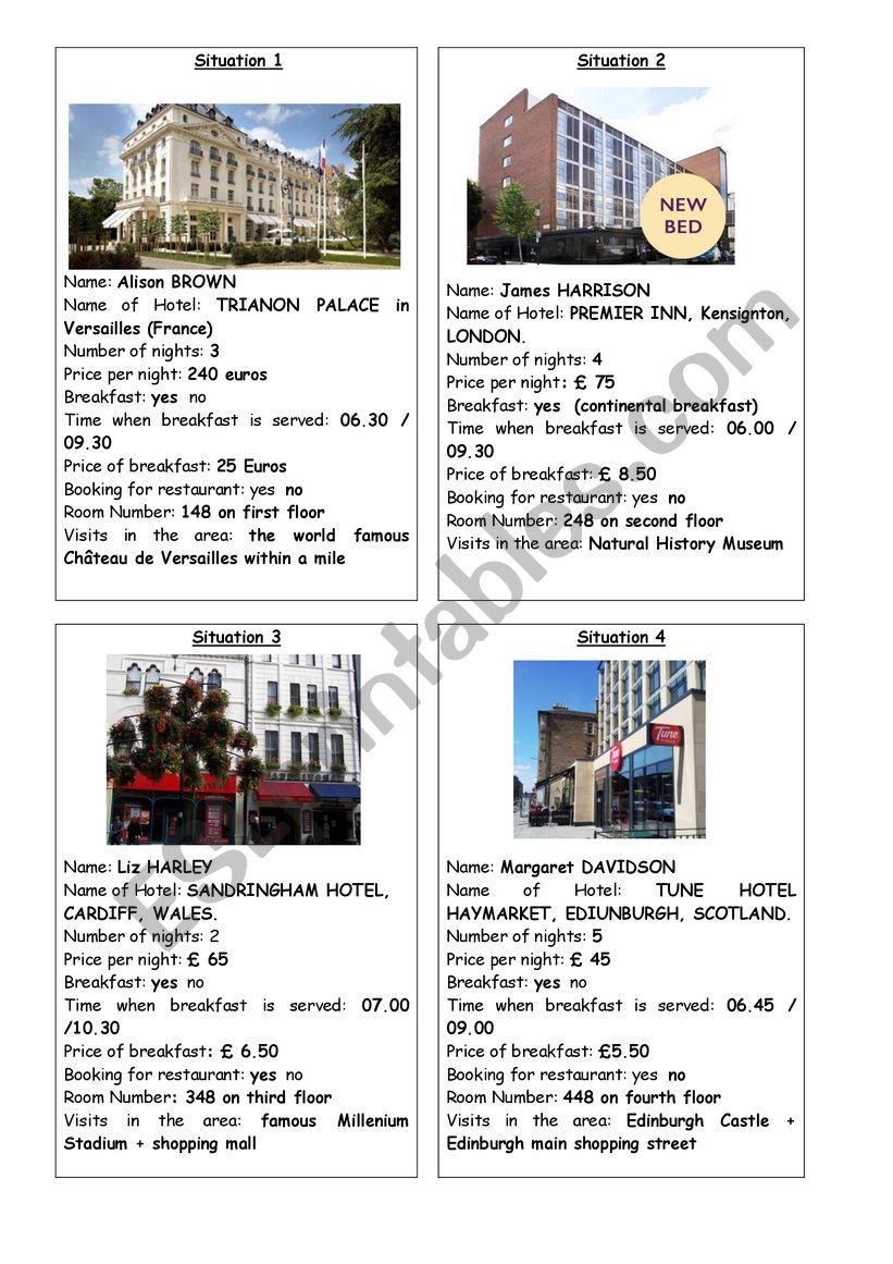 Booking a hotel - Role play at the reception