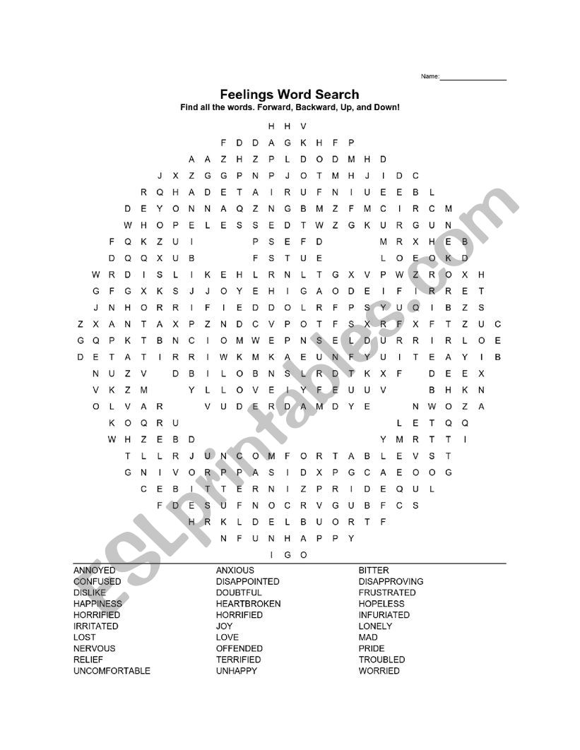 Feelings Word Search + Answer Key