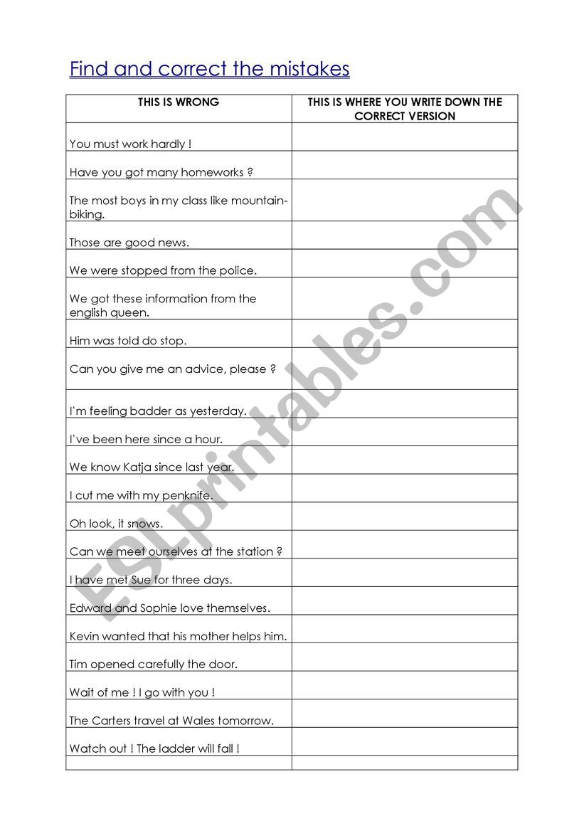 Find mistakes worksheet