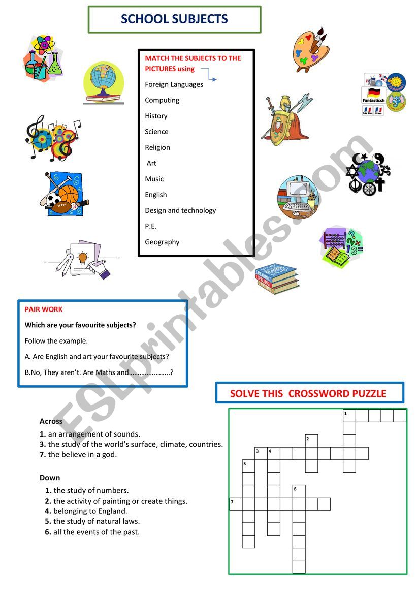 School subjects worksheet