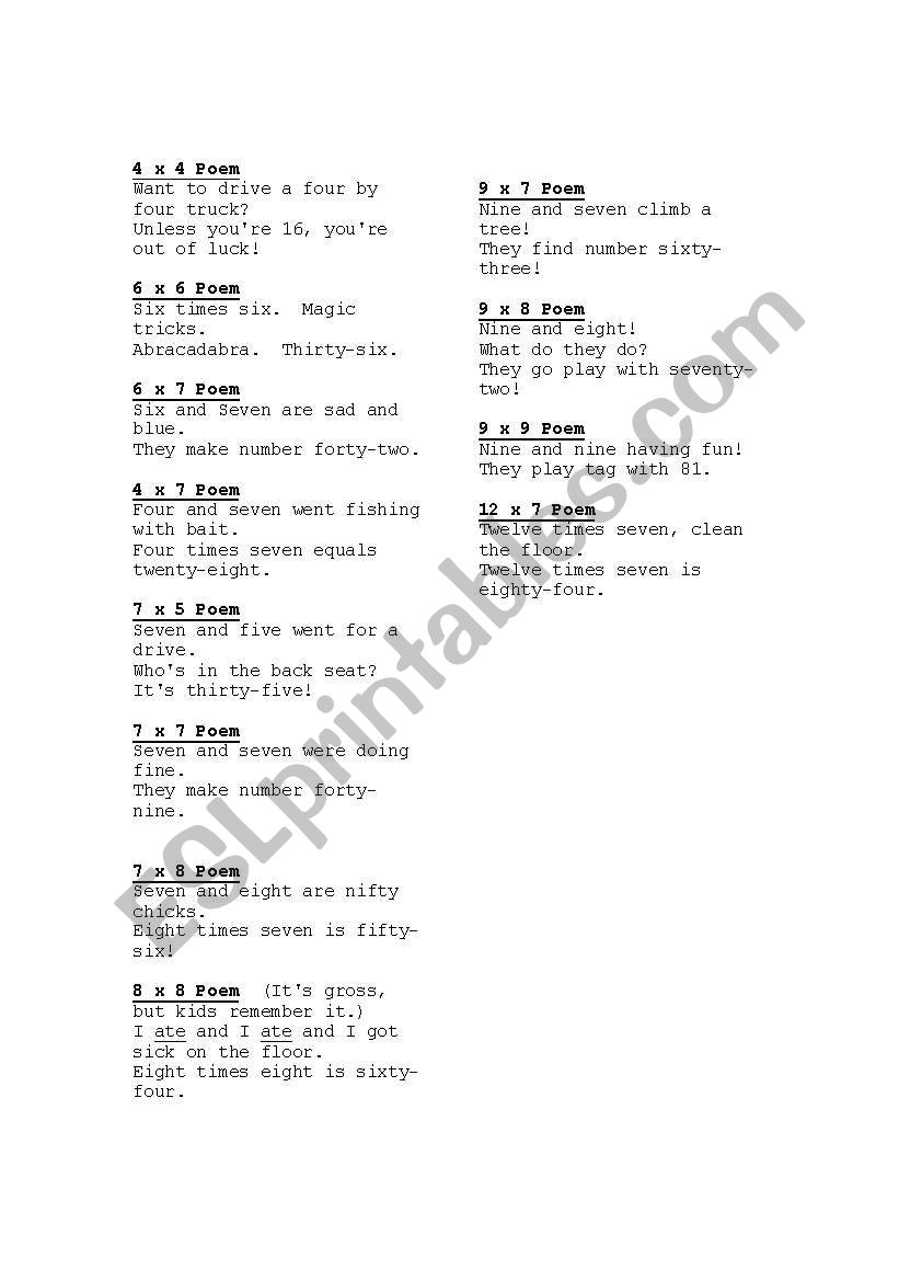 Multiplication Poems worksheet