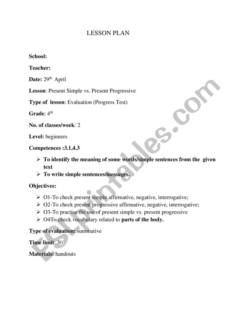 Lesson Plan Present Simple and continous