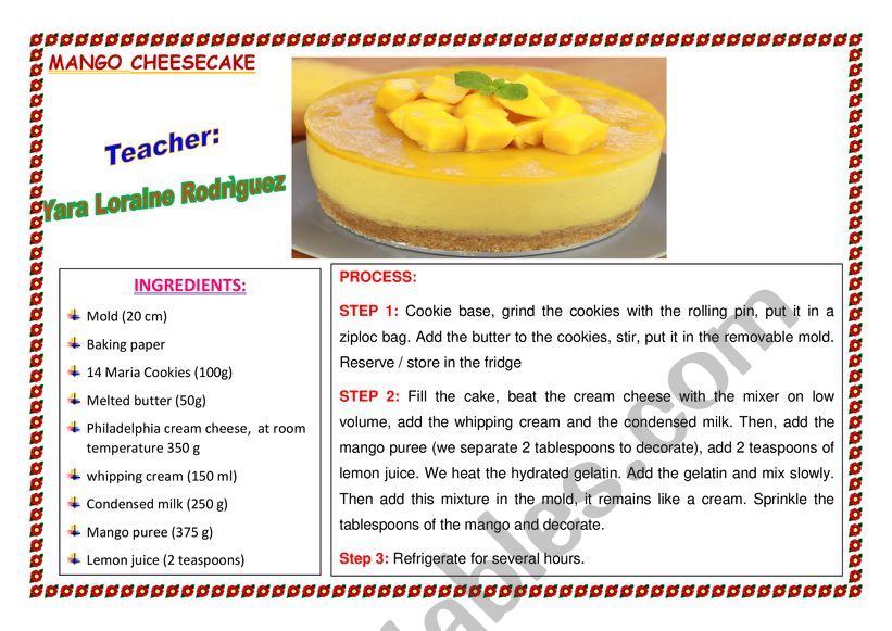 RECIPE: MANGO CHEESECAKE  worksheet