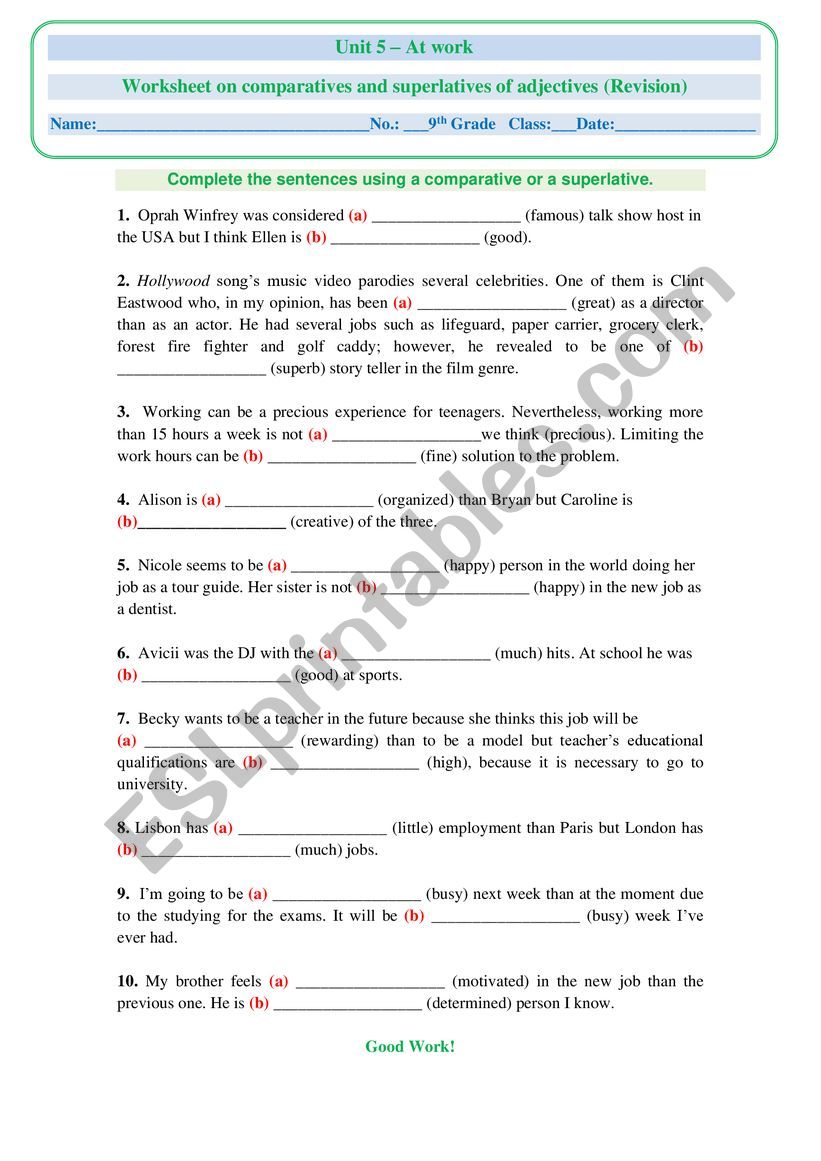 Worksheet on Adjectives - Comparative and Superlative