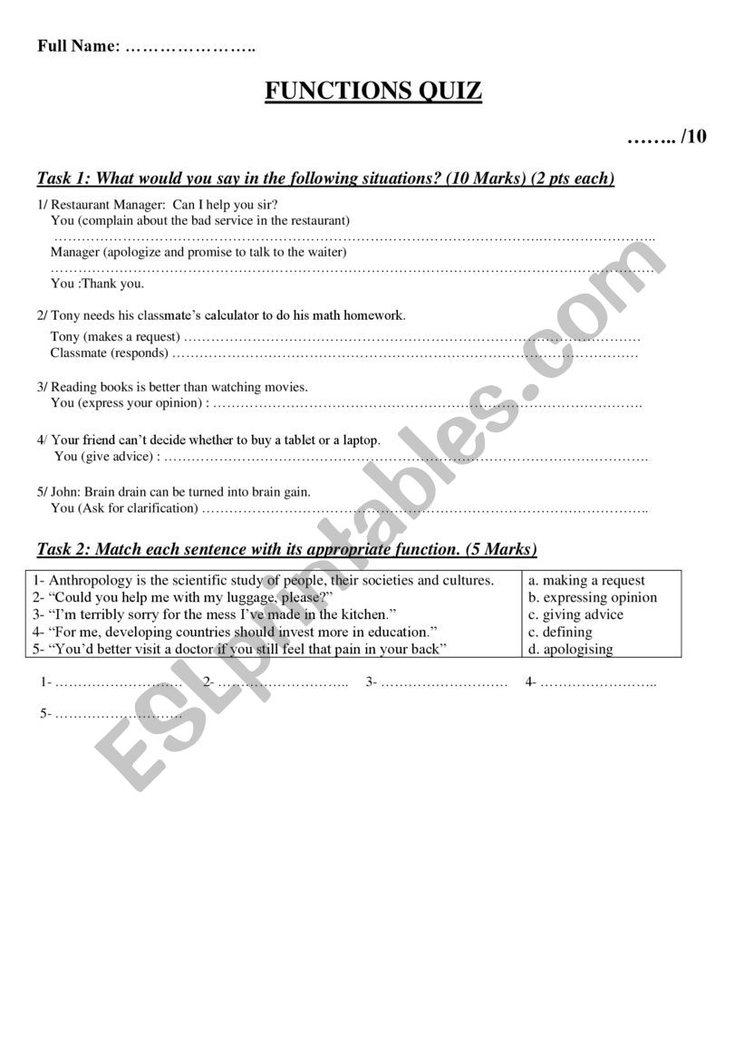 English worksheets: Practice Functions in English