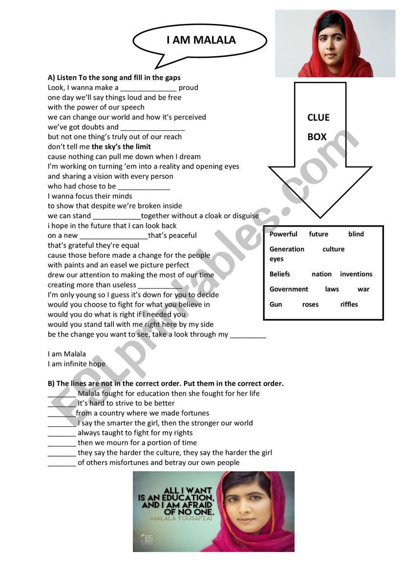 Malala song and the key worksheet