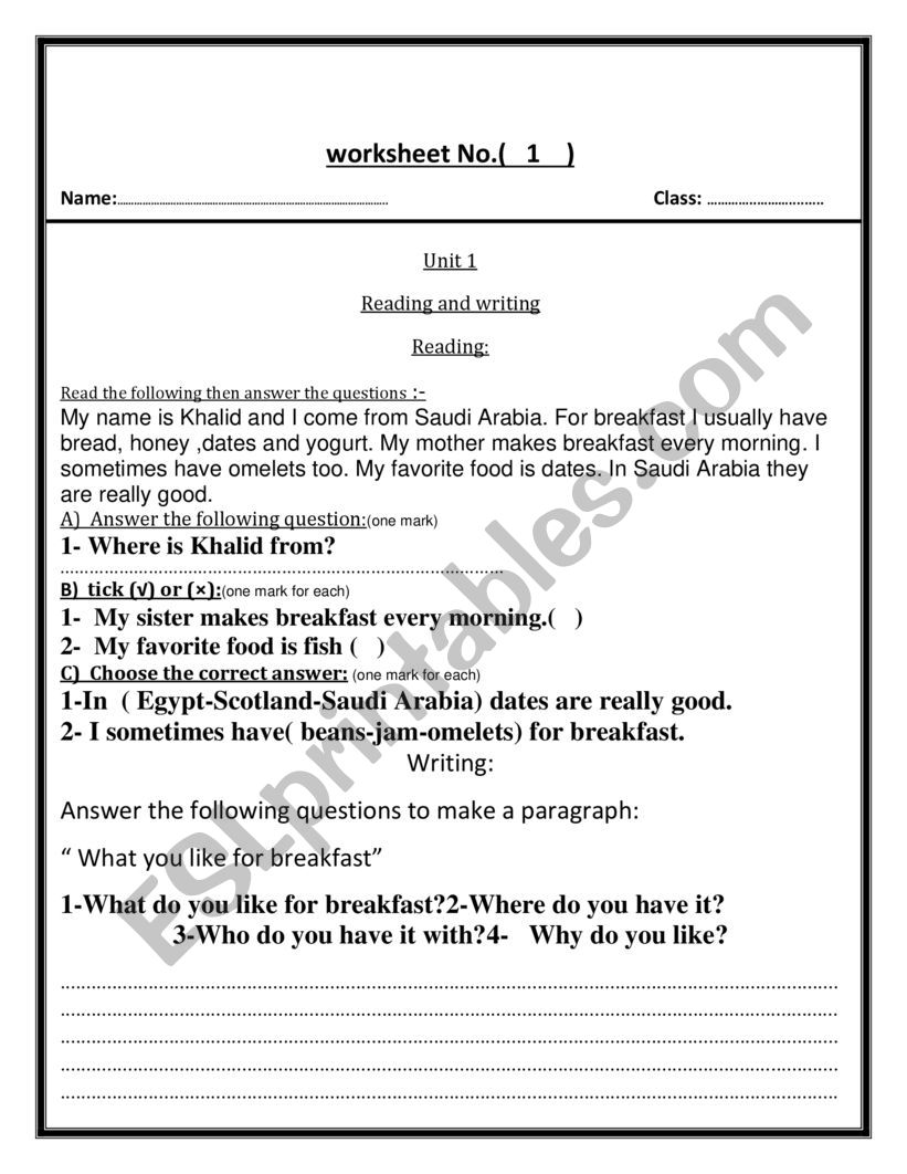 A worksheet based on reading and writing