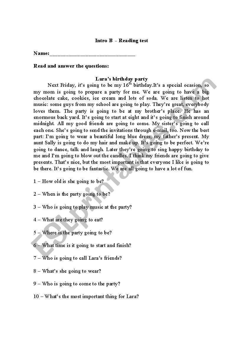 Reading activity worksheet